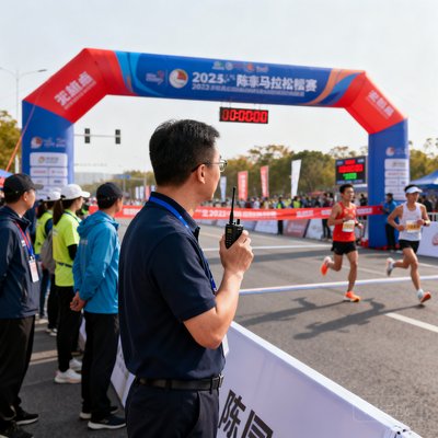 赛事总监陈拓在马拉松终点线前指挥